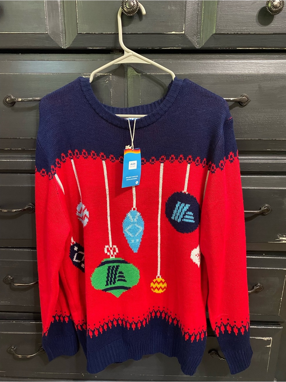Holiday Ornament Knit Sweater in Red & Navy